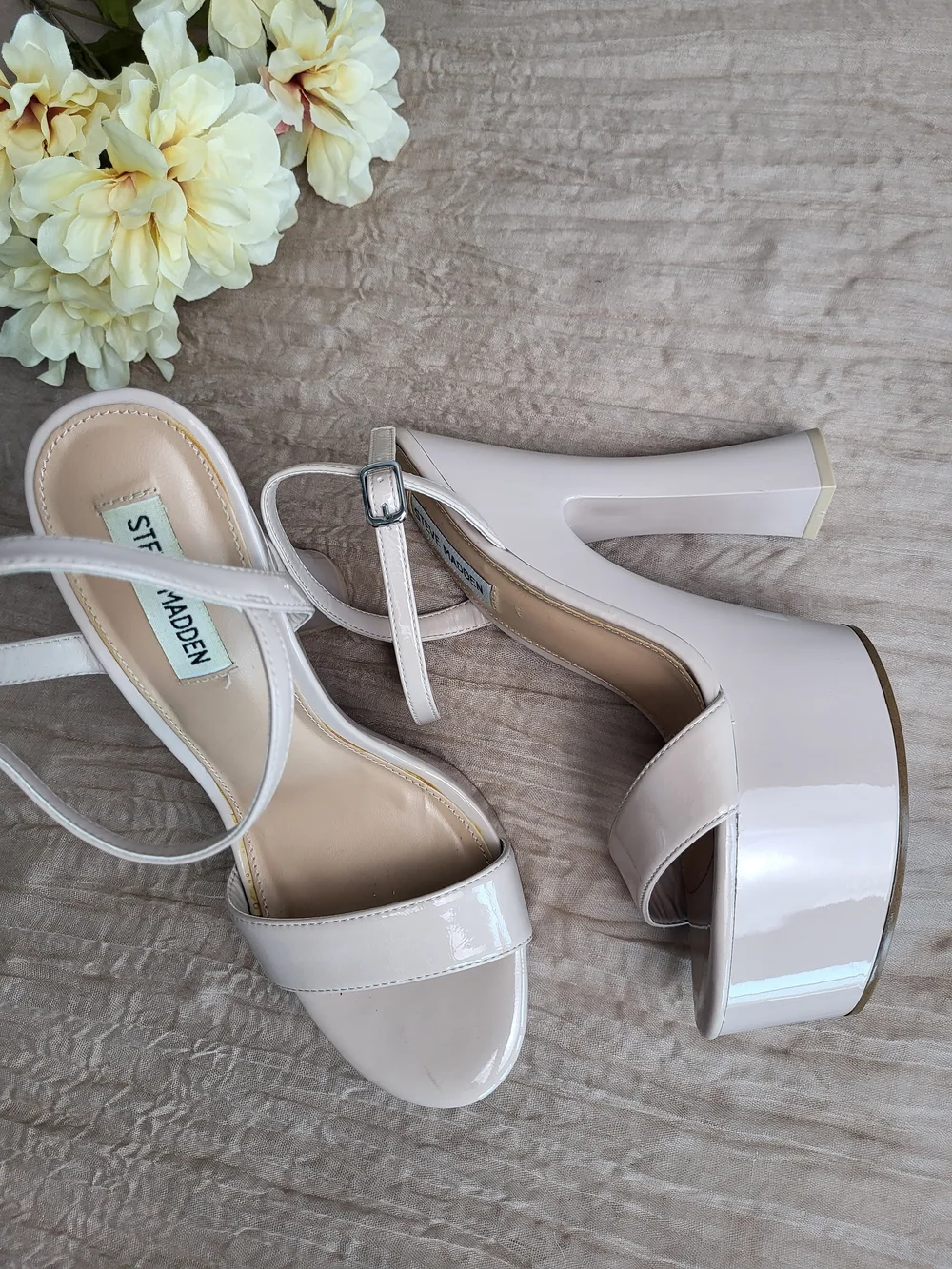 Steve Madden Nude Patent Ankle-Strap Heels
